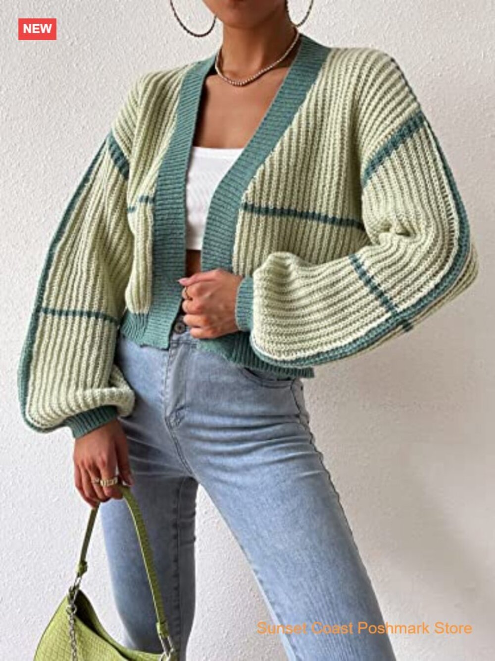 Color Block Crop Cardigan Top Bishop Long Sleeve Open Front Sweater - Picture 5 of 7